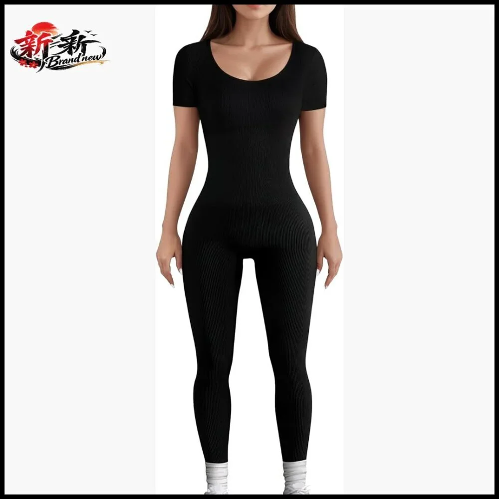 Seamless Jumpsuit Ribbed Workout Romper Nylon Spandex Short Sleeve
